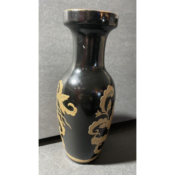 Black & Embossed Raised Gold Oriental Design On Vase 9 1/4” Tall - Picture 4 of 6